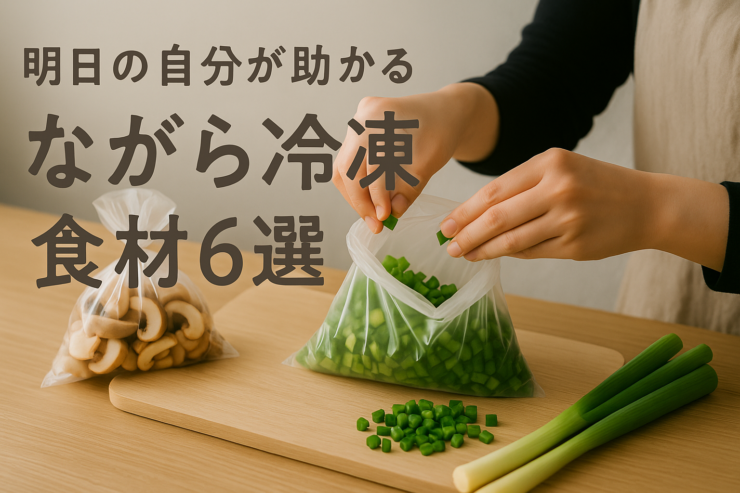 手元で長ネギを冷凍保存袋に詰めているイメージ画像。ながら冷凍で夕食作りを時短。
