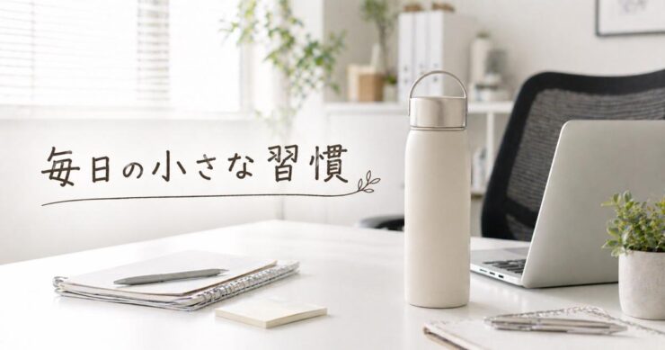 仕事中のデスクでマイボトルに入れたアルロース（希少糖）を飲む習慣のイメージ